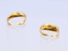 Two 18 ct gold diamond set rings. Three stone ring size S, single stone ring size P. 7.