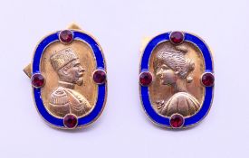A pair of silver and enamel cufflinks bearing Russian marks. 2.5 cm high.