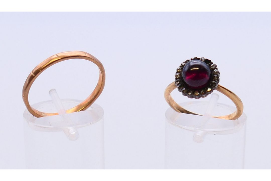 A 9 ct gold band and an unmarked gold cabochon set ring. - Image 1 of 8