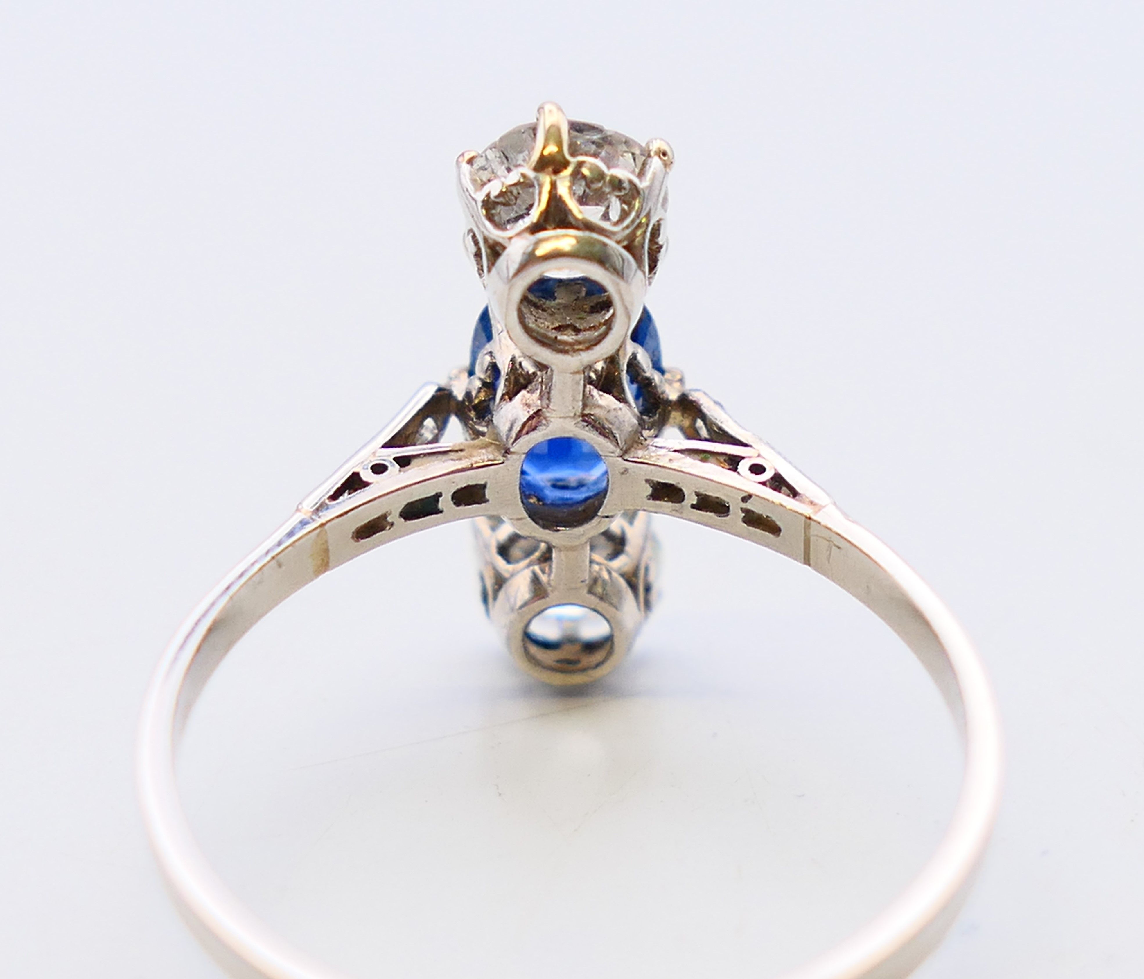 A three stone diamond and sapphire ring. Ring size R. - Image 4 of 6