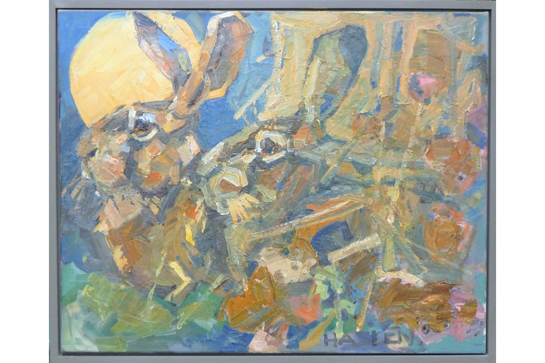 HASLEN, ANDREW (born 1951) British (AR), Moon Hares, oil on canvas, signed and framed. - Image 2 of 3