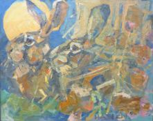 HASLEN, ANDREW (born 1951) British (AR), Moon Hares, oil on canvas, signed and framed.