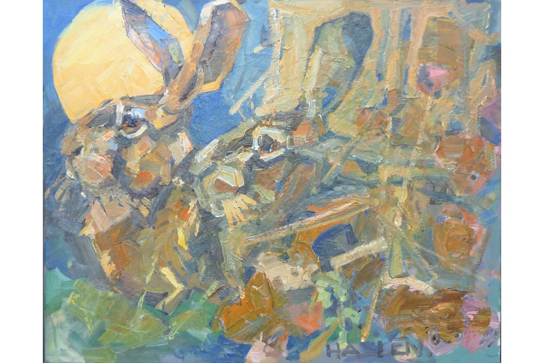 HASLEN, ANDREW (born 1951) British (AR), Moon Hares, oil on canvas, signed and framed. - Image 1 of 3