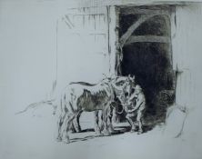 SOPER, GEORGE (1870-1942) British, Feeding the Horses, drypoint etching. 25 cm x 32 cm.