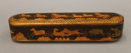 An Indian painted wooden scribes box. 27.5 cm long.