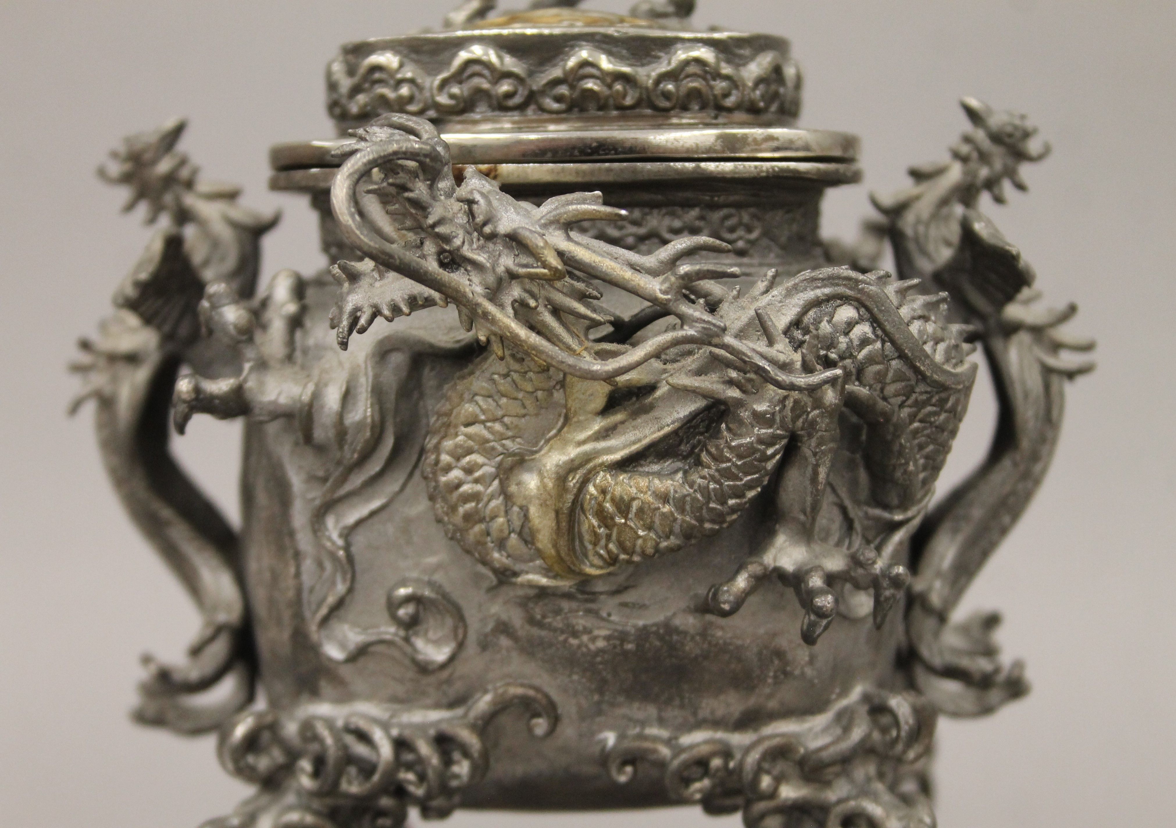 A 19th century Chinese silvered bronze censer, with some silver overpainting. 19 cm high. - Image 4 of 8