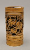 A Chinese bamboo brush pot carved with rabbits. 16 cm high.