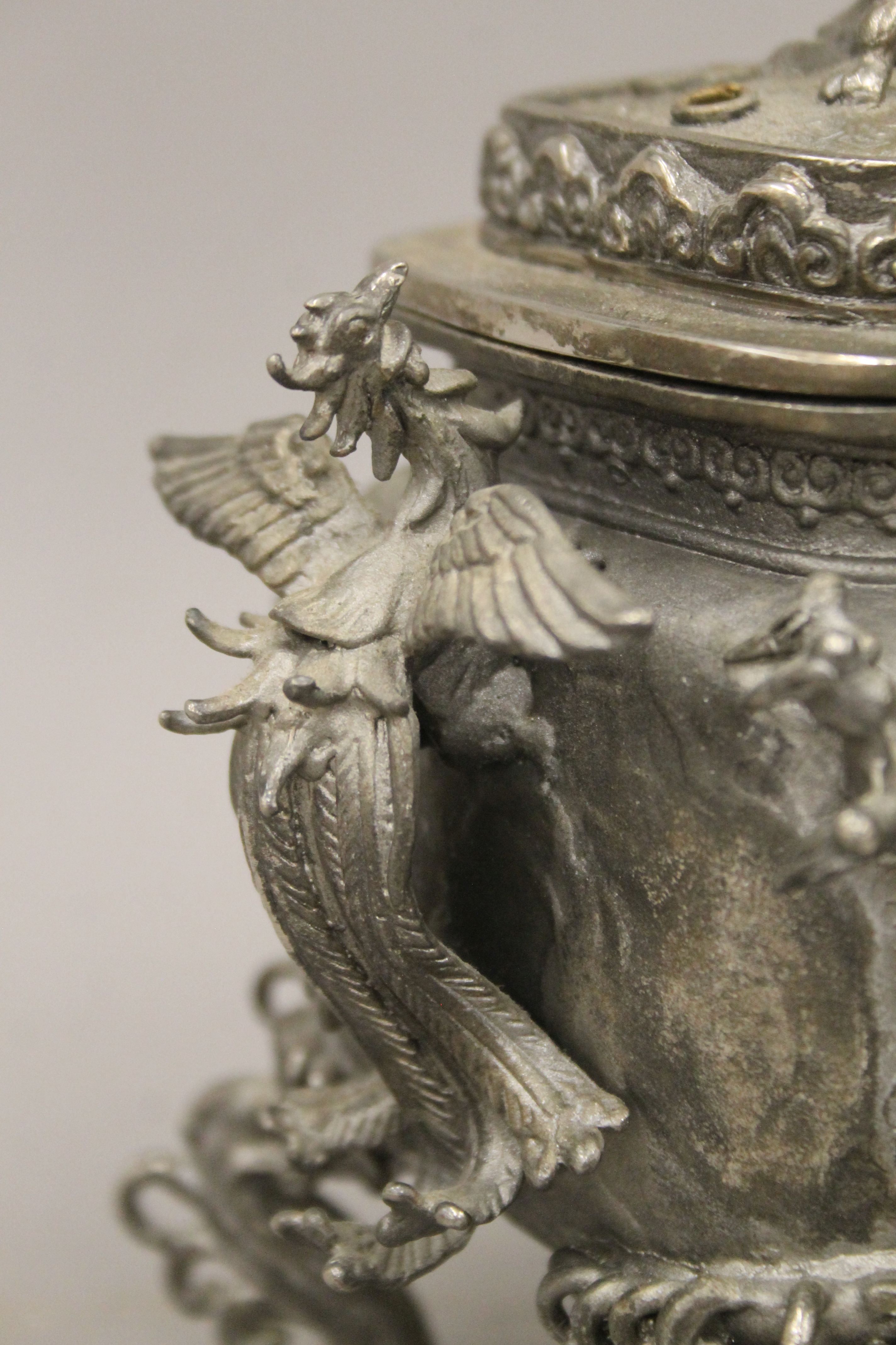 A 19th century Chinese silvered bronze censer, with some silver overpainting. 19 cm high. - Image 5 of 8