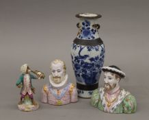 A box of porcelain including a Chinese vase and a monkey band figure. The former 25.5 cm high.