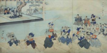 A 19th century hand-coloured woodblock of Japanese samurai warriors in training, framed and glazed.