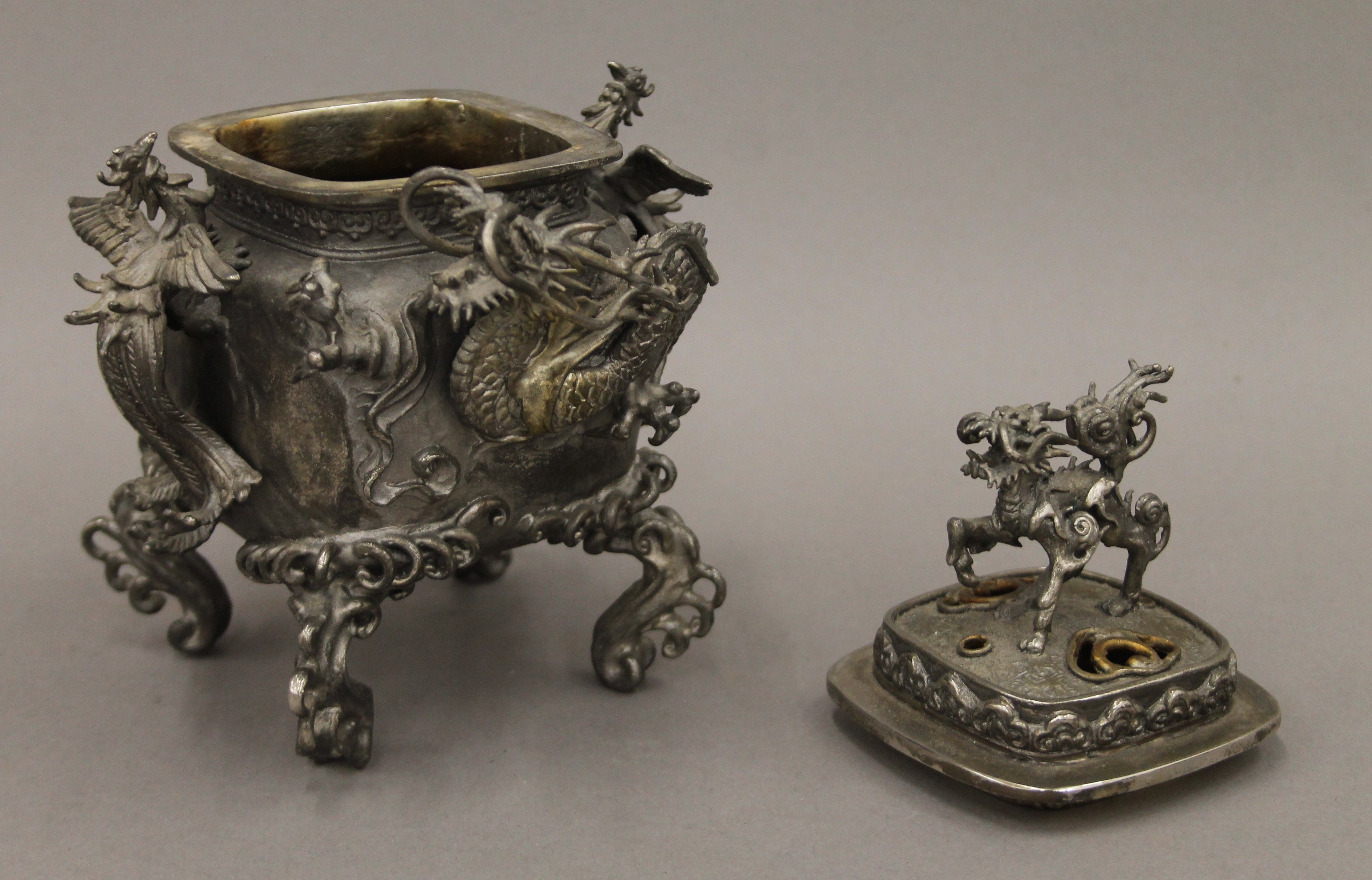 A 19th century Chinese silvered bronze censer, with some silver overpainting. 19 cm high. - Image 6 of 8