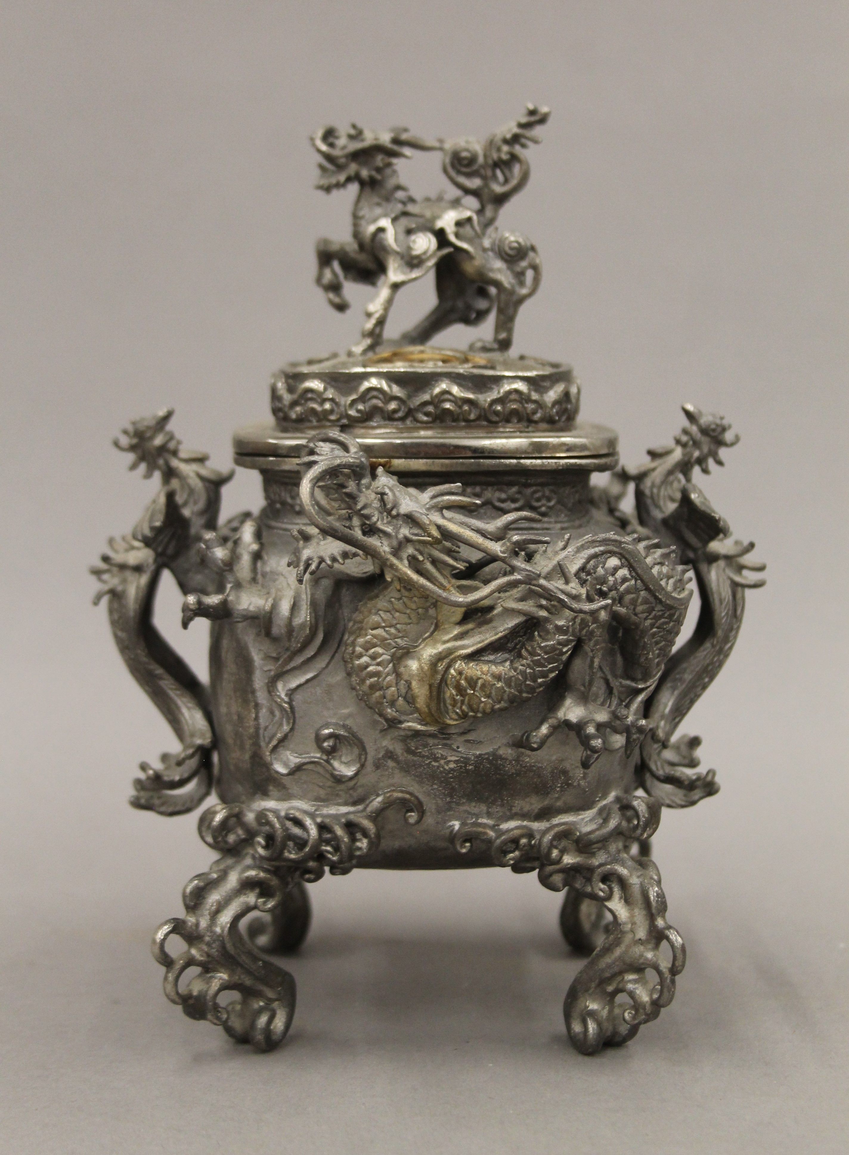 A 19th century Chinese silvered bronze censer, with some silver overpainting. 19 cm high. - Image 2 of 8