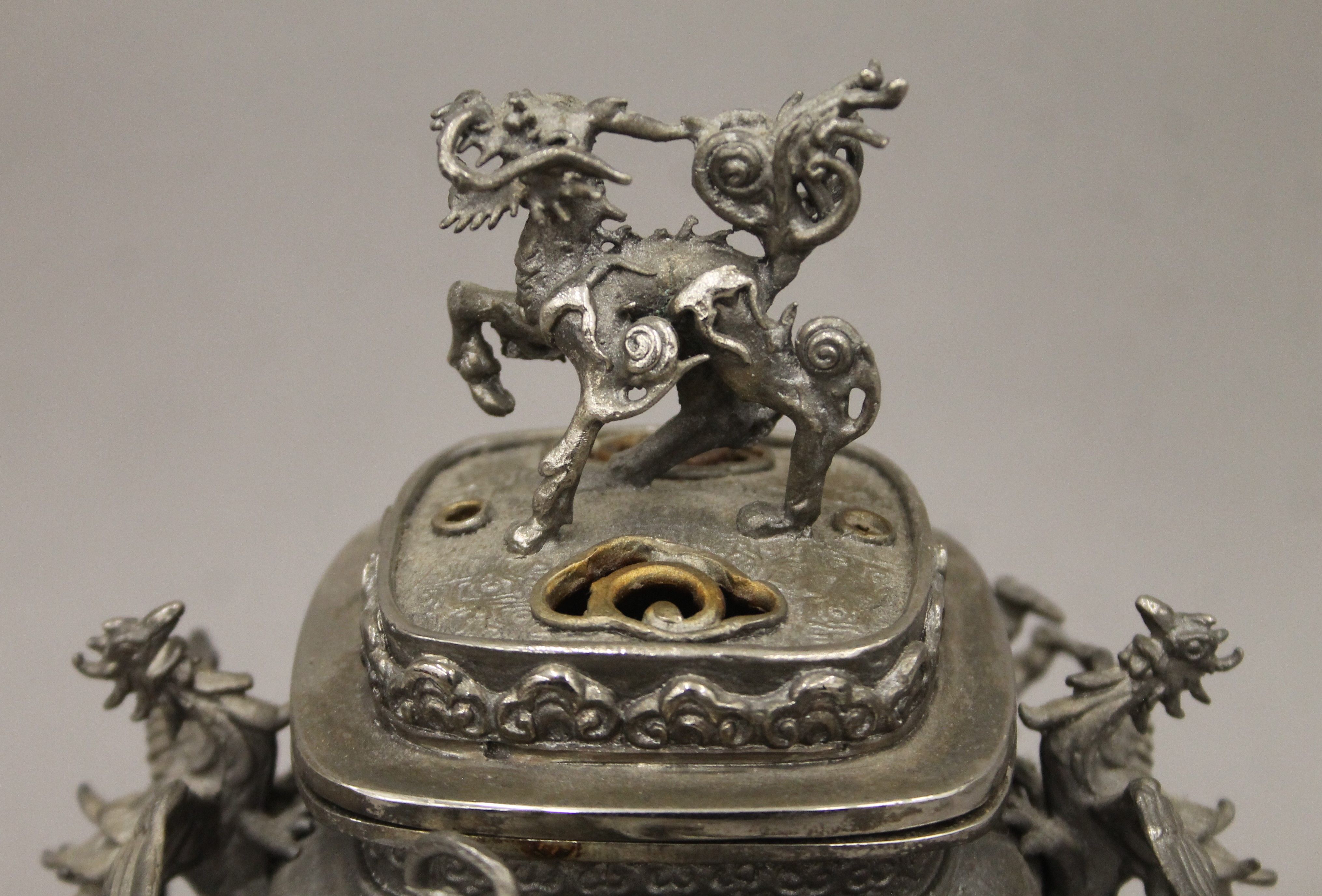 A 19th century Chinese silvered bronze censer, with some silver overpainting. 19 cm high. - Image 3 of 8
