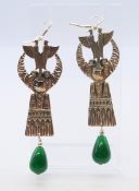 A pair of silver and jade Egyptian revival earrings. 7 cm high.