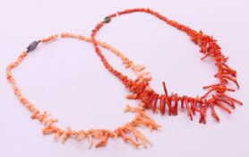 Two coral necklaces. The largest 44 cm long.