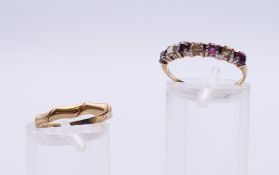 A 9 ct gold ring (ring size H), together with a diamond and ruby ring (ring size M).