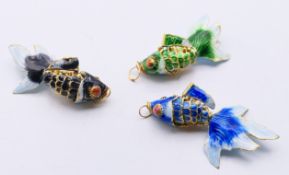 Three cloisonne fish pendants. 5.5 cm long.