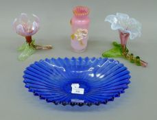 Four pieces of art glass, including Stevens & Williams and Kralik. The bowl 33 cm long.