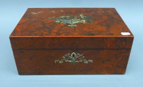 A Victorian mother-of-pearl inlaid walnut work box. 35.5 cm wide.