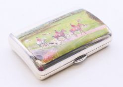 A Sampson Mordan and Co silver cigarette case finely enamelled with huntsmen and hounds in a