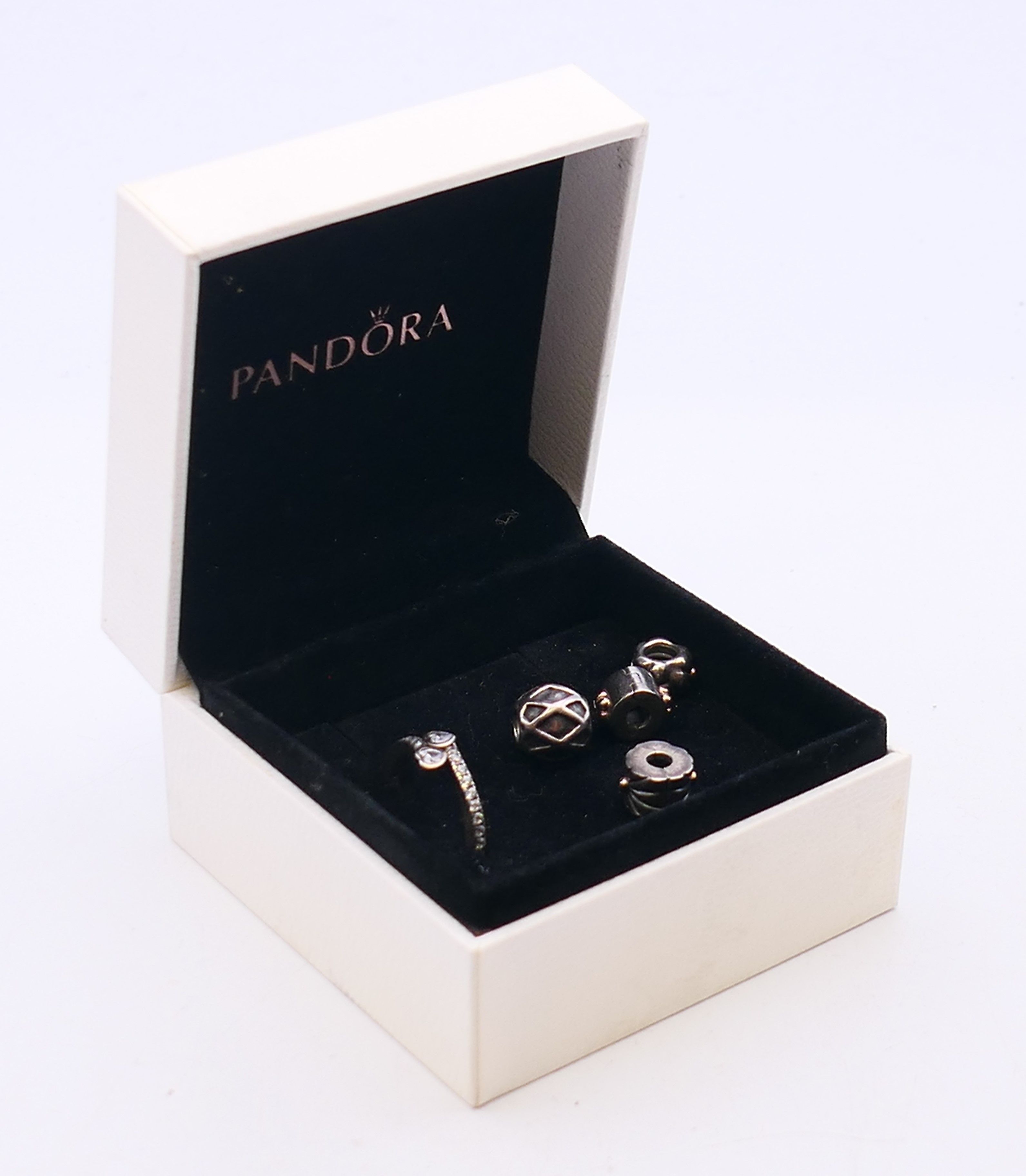 A boxed silver Pandora ring with four silver Pandora charms. Ring size L. - Image 16 of 16