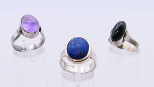 Three silver cabochon set rings. Ring sizes O,P and Q.