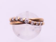 A 9 K gold double band ring. Ring size O.