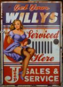 A tin 'Get Your Willys Service Here' sign. 50 x 70 cm.
