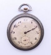 An Omega silver pocket watch. 4.5 cm diameter.