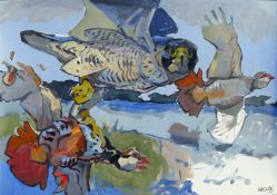 HASLEN, ANDREW (born 1951) British (AR), Tassa Taking a Red Leg, acrylic on card, signed.