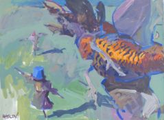 HASLEN, ANDREW (born 1951) British (AR), Striking Pheasant Over Field of Scarecrows,