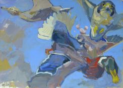 HASLEN, ANDREW (born 1951) British (AR), Tassa Striking a Mallard, acrylic on card, signed.