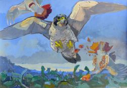 HASLEN, ANDREW (born 1951) British (AR), Striking Down Grey Partridge, acrylic on card. 50 x 70 cm.
