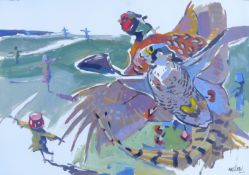 HASLEN, ANDREW (born 1951) British (AR), Over Scarecrows, acrylic on card, signed. 70 x 100 cm.