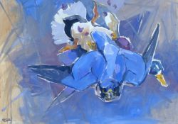 HASLEN, ANDREW (born 1951) British (AR), Striking a Mallard, acrylic on card, signed. 70 x 100 cm.