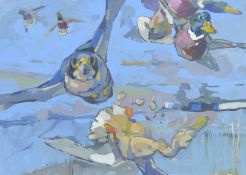 HASLEN, ANDREW (born 1951) British (AR), Striking a Mallard, acrylic on card. 70 x 100 cm.