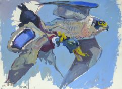 HASLEN, ANDREW (born 1951) British (AR), Peregrine Taking Mallard, acrylic on card, signed.
