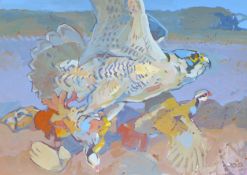 HASLEN, ANDREW (born 1951) British (AR), Watching Hare, acrylic on card, signed. 70 x 100 cm.