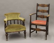 A Victorian walnut upholstered tub chair and an oak carver chair. The former 63 cm wide.