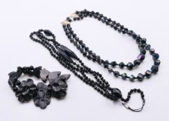 A small quantity of Victorian mourning jewellery. The longest necklace 78 cm long.