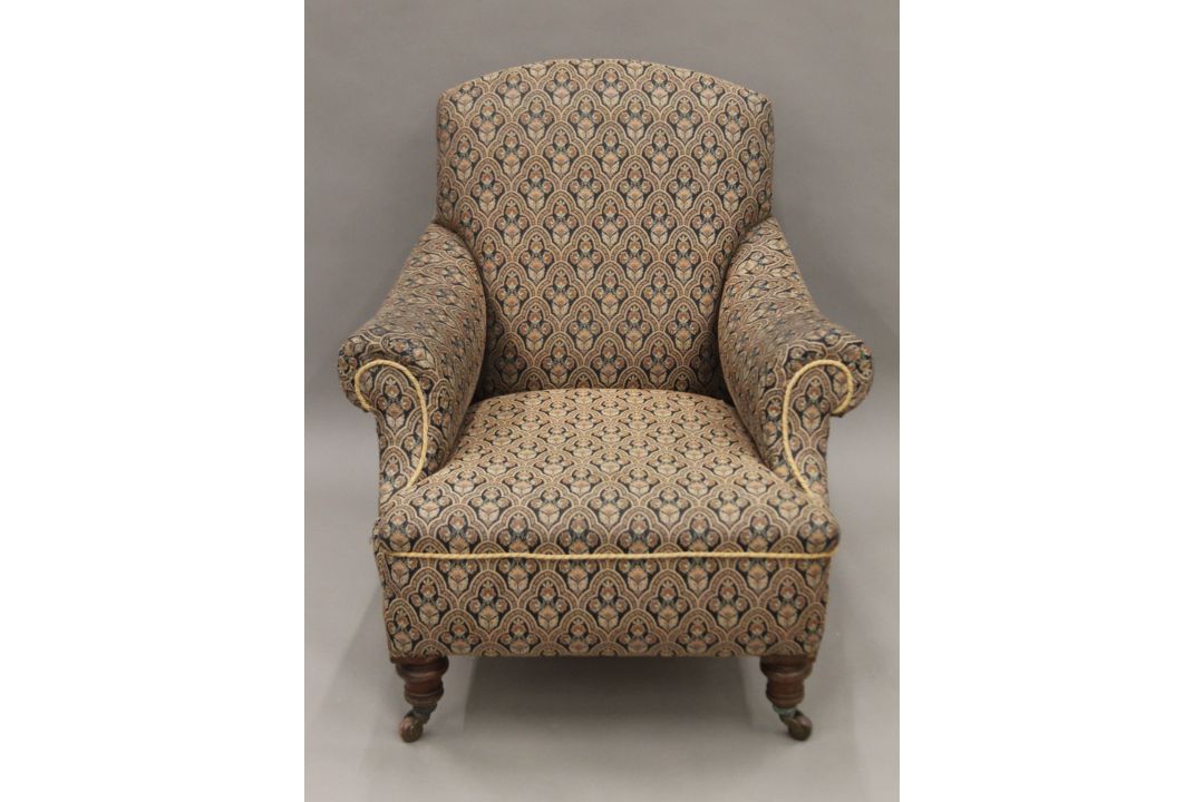 A Victorian upholstered armchair. 85 cm wide, 91 cm high, 81 cm deep overall, seat 59 cm deep. - Image 1 of 4