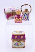 Two Limoges boxes, a basket and four small scent bottles. The largest 5 cm wide.