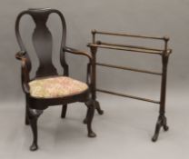 A Victorian mahogany towel rail and a Queen Anne style armchair. The former 75 cm wide.
