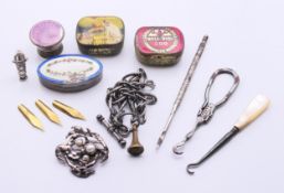 Two gramophone needle tins, a silver and enamel box, a silver and enamel lid, watch chain, brooches,