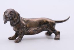 A silver model of a dachshund dog. 9.5 cm wide, 4 cm high. 164.3 grammes.