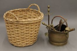 A wicker log basket, a coal scuttle, fire irons, etc. The former 53 cm wide.