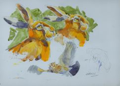 HASLEN, ANDREW (born 1951) British (AR), Hare Portrait and Skylark, watercolour, signed. 44 x 61 cm.