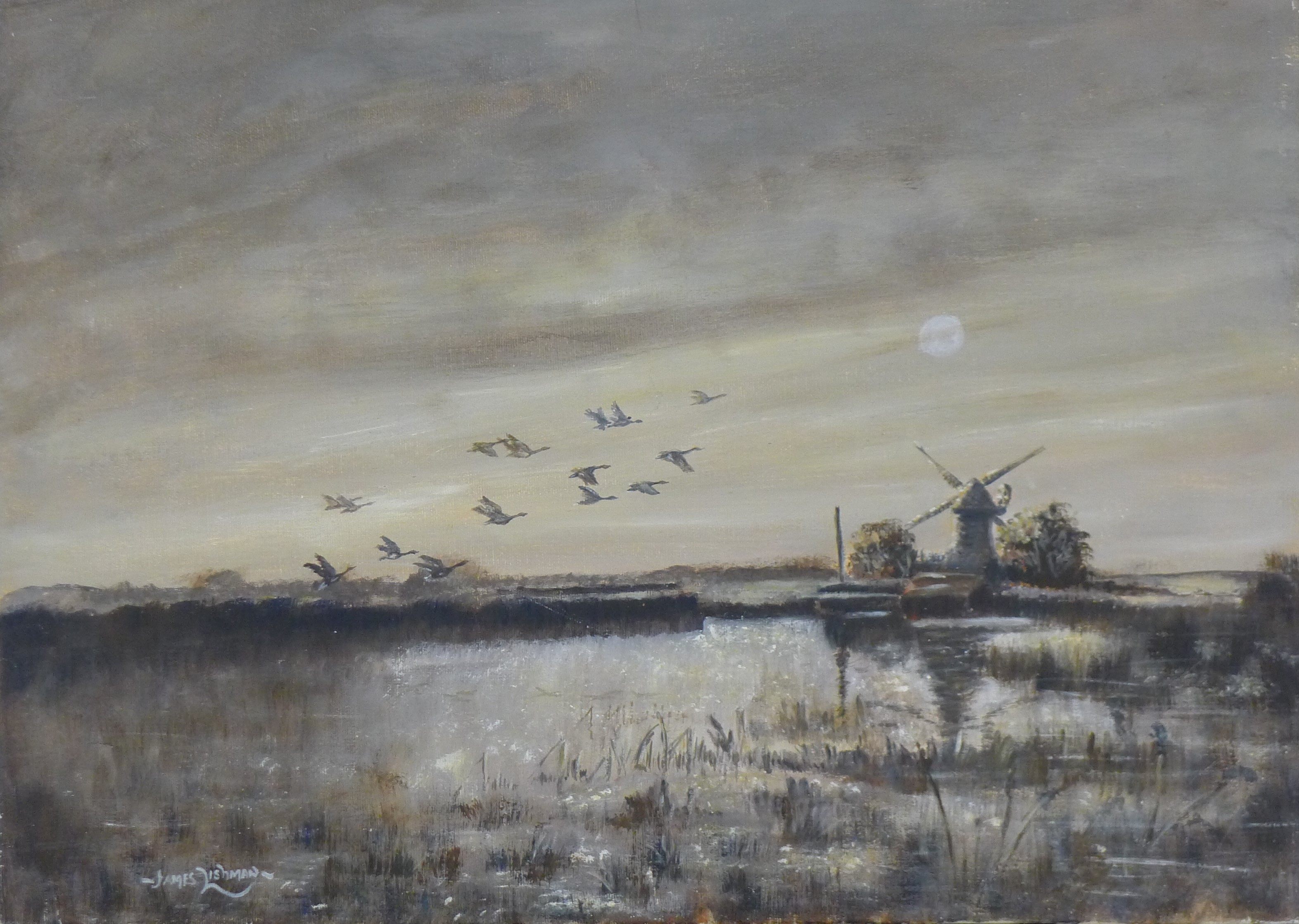 LISHMAN, JAMES (1931-2024) British (AR), Brent Geese Rising On Broads, oil on board, signed.