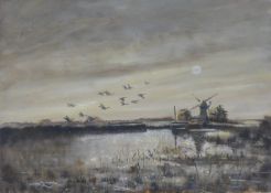 LISHMAN, JAMES (1931-2024) British (AR), Brent Geese Rising On Broads, oil on board, signed.