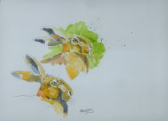HASLEN, ANDREW (born 1951) British (AR), Hare Portrait, Two Heads, watercolour, signed. 40 x 50 cm.